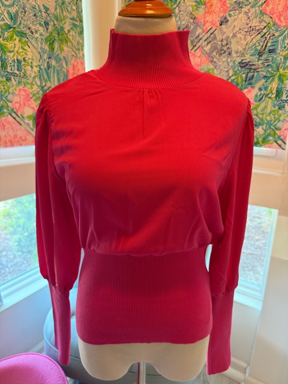 French Connection Bright Pink Ribbed High-Neck long sleeve top NWT